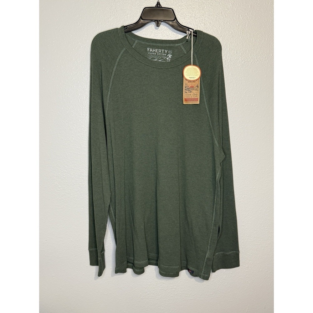 Faherty Men's Long Sleeve Cloud Waffle Crew Deep Fern Green Shirt Men's Size XXL